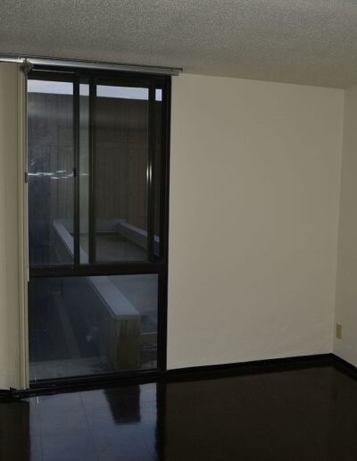 An empty room with cream-colored walls, a black shiny floor, a glass door leading to an outdoor area, and a smoke detector on the wall. Light enters through the glass door, revealing a small patio and wooden fence outside.