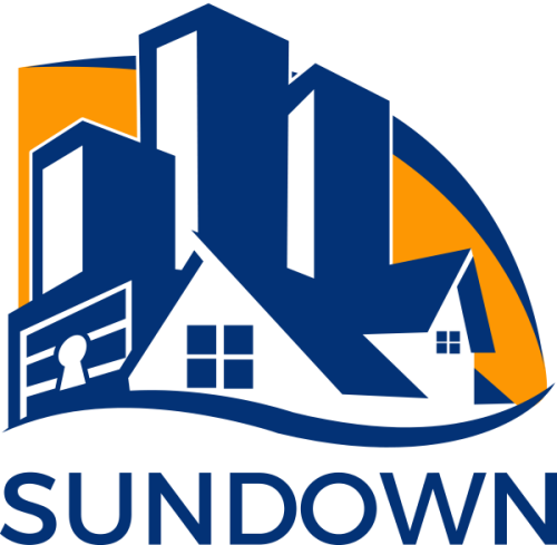Logo featuring blue and white silhouettes of a house and tall buildings against an orange background. A keyhole is shown in a garage door. The word SUNDOWN appears in blue below the graphic.